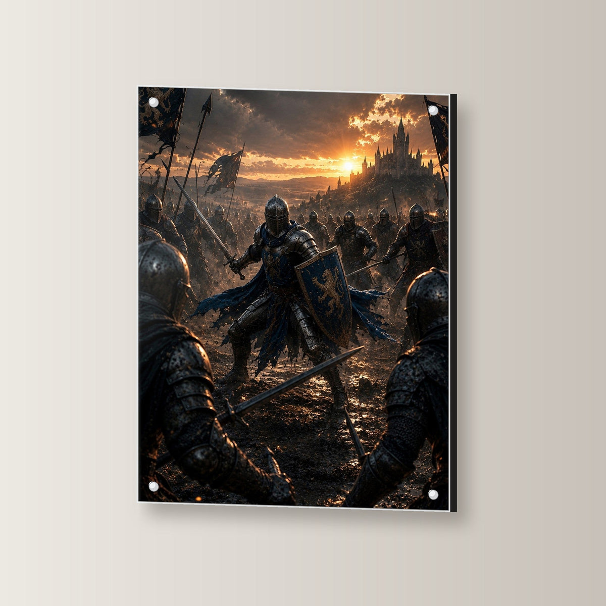 Dark-Fantasy Acrylglasbild auf Acrylglas mit Edelstahl-Abstandshaltern, leicht gedreht an der Wand fotografiert