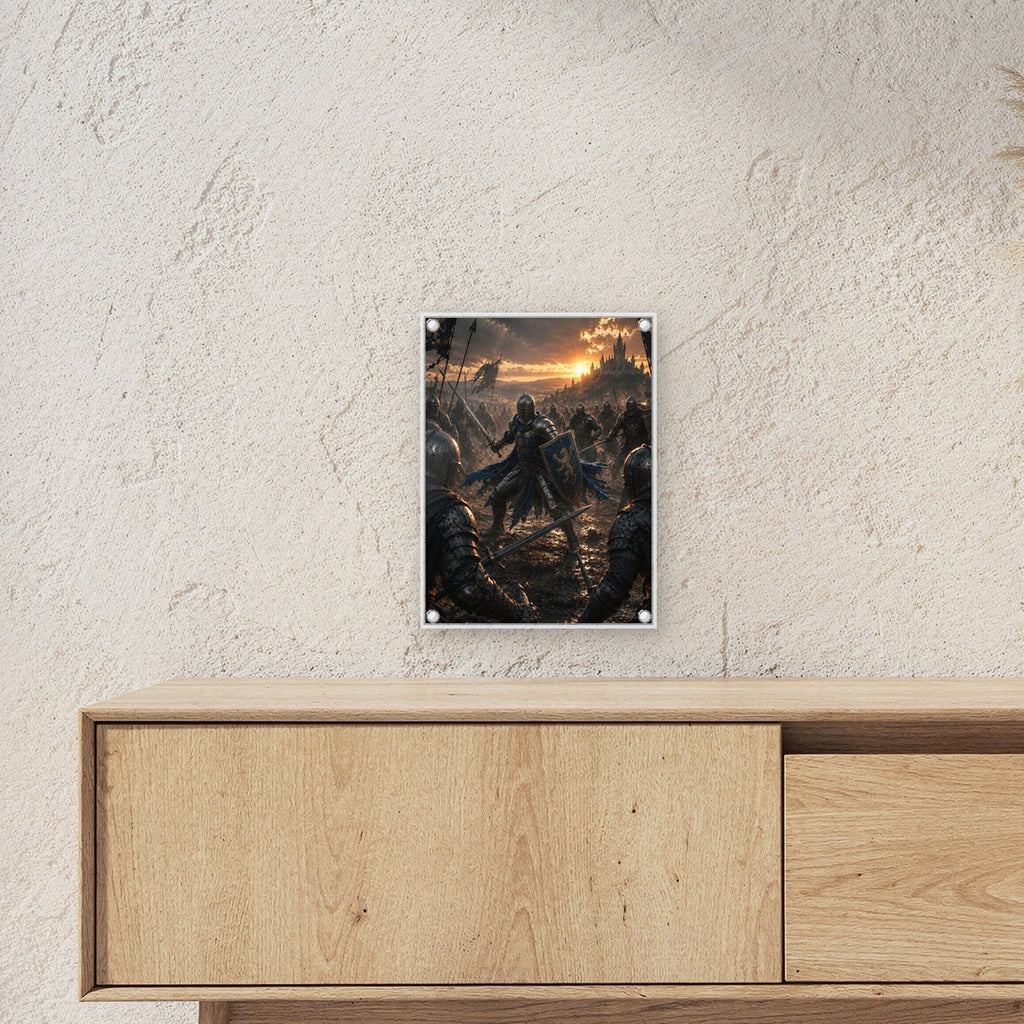 Dark-Fantasy Acrylglasbild auf Acrylglas mit Edelstahl-Abstandshaltern ueber einem Sideboard, zeigt die Groesse im Raum