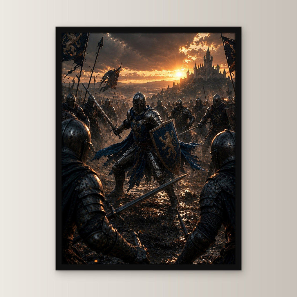 Dark-Fantasy Poster gerahmt im schwarzen Holzrahmen, gerade von vorn an heller Wand