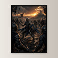 Dark-Fantasy Poster gerahmt im schwarzen Holzrahmen, gerade von vorn an heller Wand