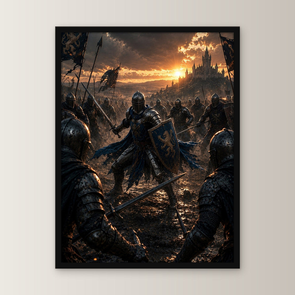 Dark-Fantasy Poster gerahmt im schwarzen Holzrahmen, gerade von vorn an heller Wand