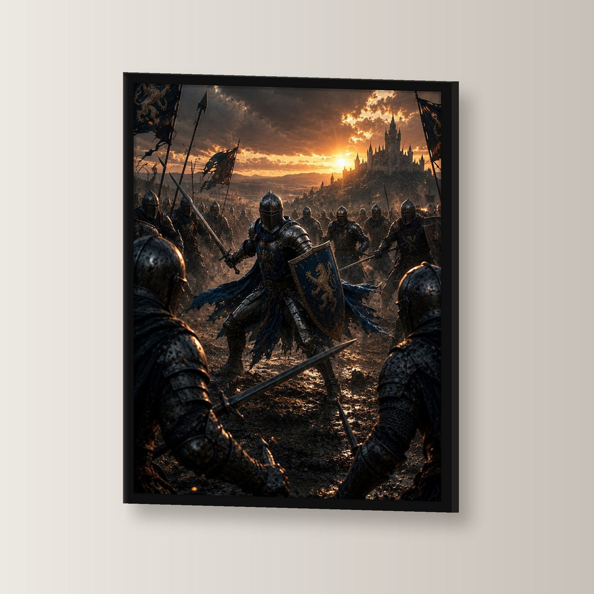 Dark-Fantasy Poster gerahmt im schwarzen Holzrahmen, leicht gedreht an der Wand fotografiert