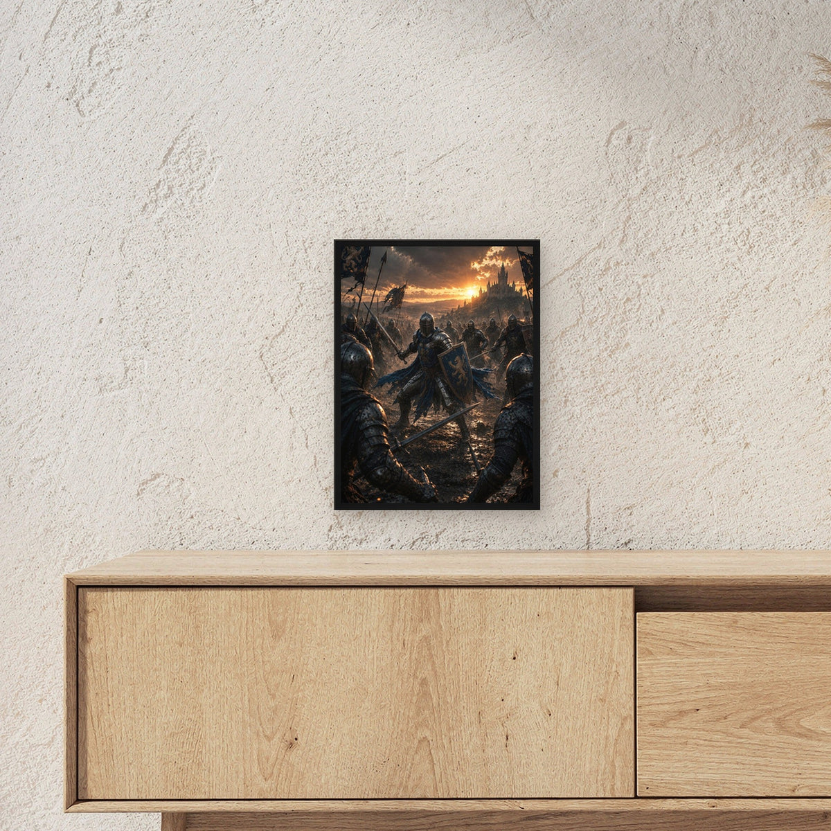 Dark-Fantasy Poster gerahmt im schwarzen Holzrahmen ueber einem Sideboard, zeigt die Groesse im Raum