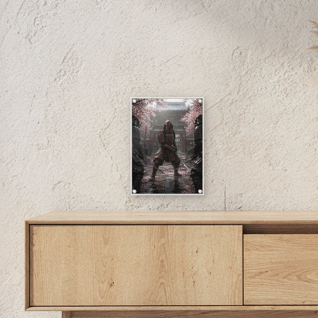 Dark-Fantasy Acrylglasbild auf Acrylglas mit Edelstahl-Abstandshaltern ueber einem Sideboard, zeigt die Groesse im Raum