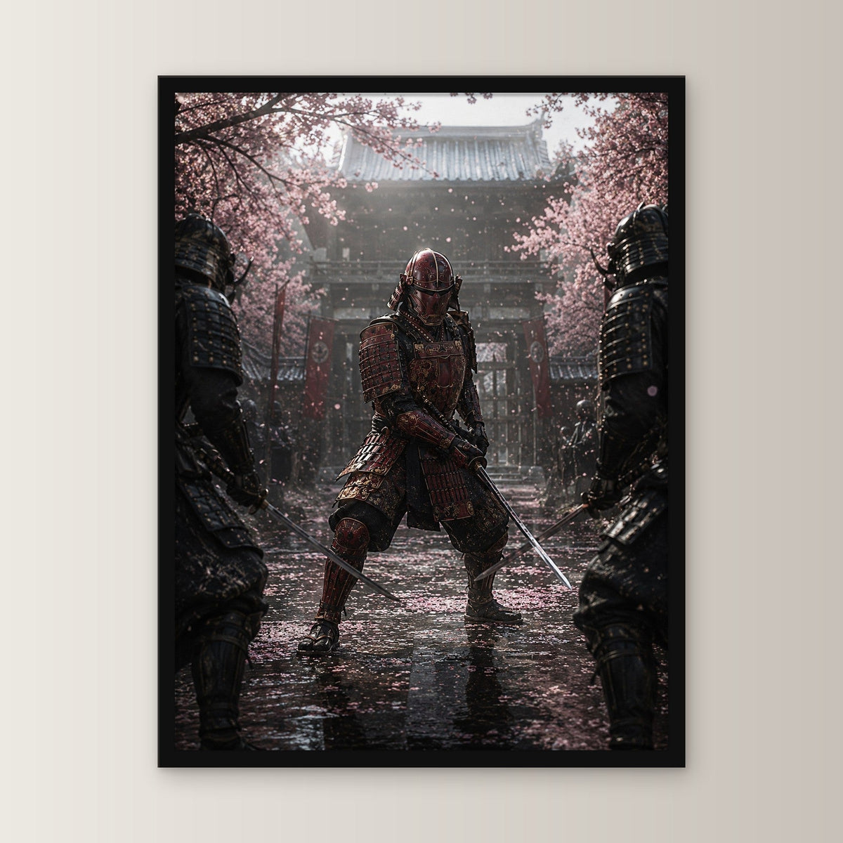 Dark-Fantasy Poster gerahmt im schwarzen Holzrahmen, gerade von vorn an heller Wand