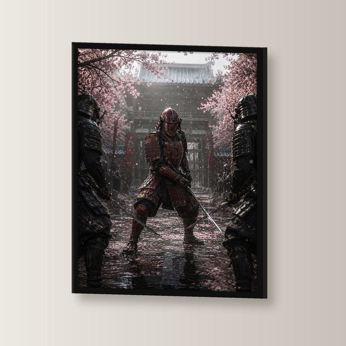 Dark-Fantasy Poster gerahmt im schwarzen Holzrahmen, leicht gedreht an der Wand fotografiert
