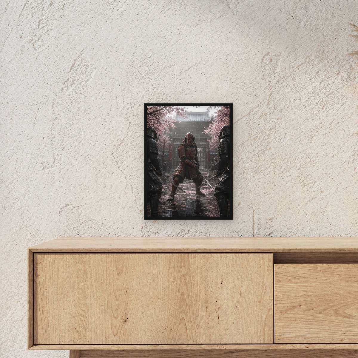 Dark-Fantasy Poster gerahmt im schwarzen Holzrahmen ueber einem Sideboard, zeigt die Groesse im Raum