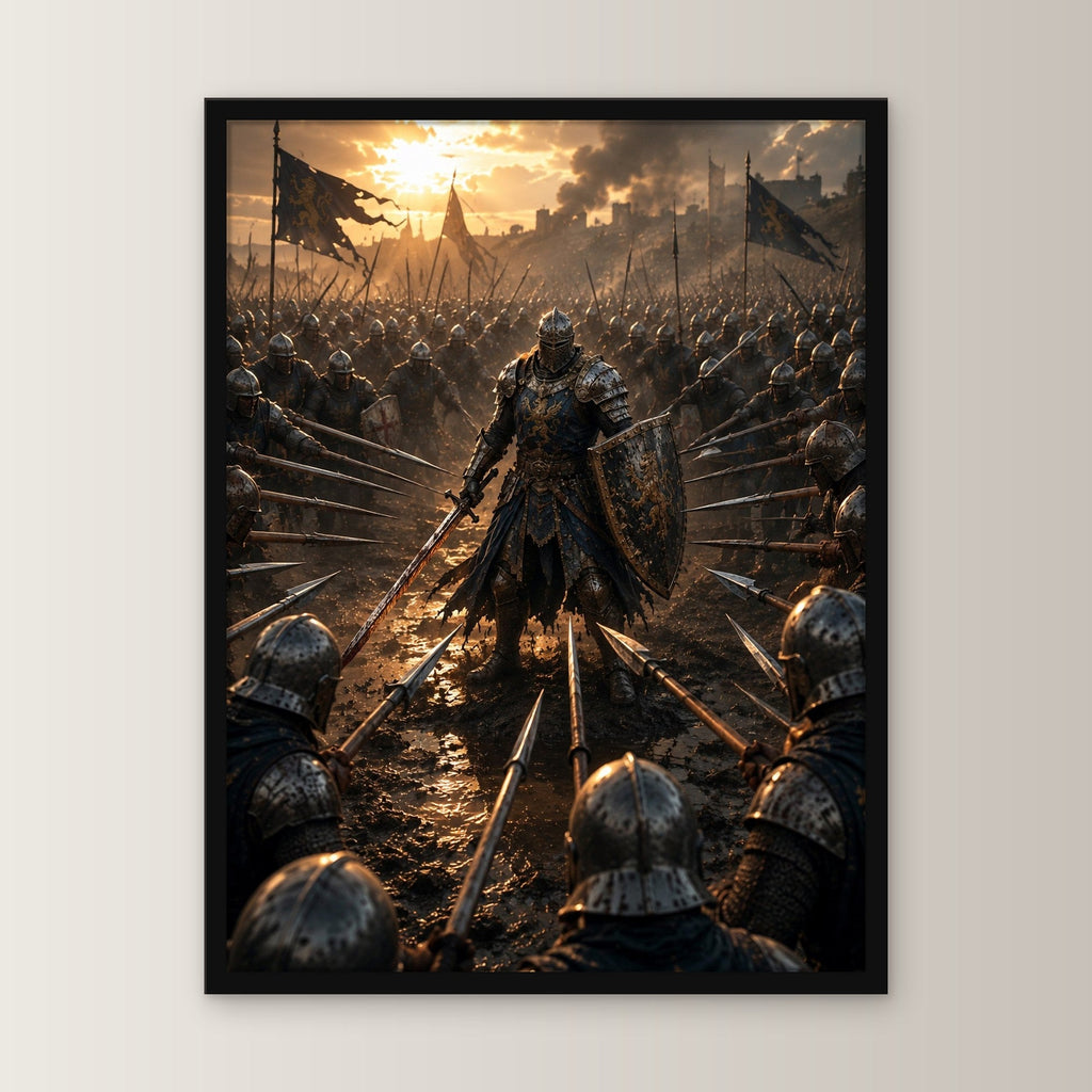 Dark-Fantasy Poster gerahmt im schwarzen Holzrahmen, gerade von vorn an heller Wand