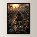 Dark-Fantasy Poster gerahmt im schwarzen Holzrahmen, gerade von vorn an heller Wand