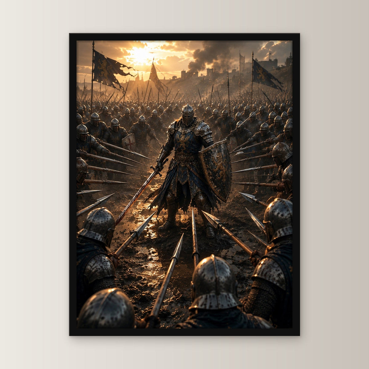 Dark-Fantasy Poster gerahmt im schwarzen Holzrahmen, gerade von vorn an heller Wand