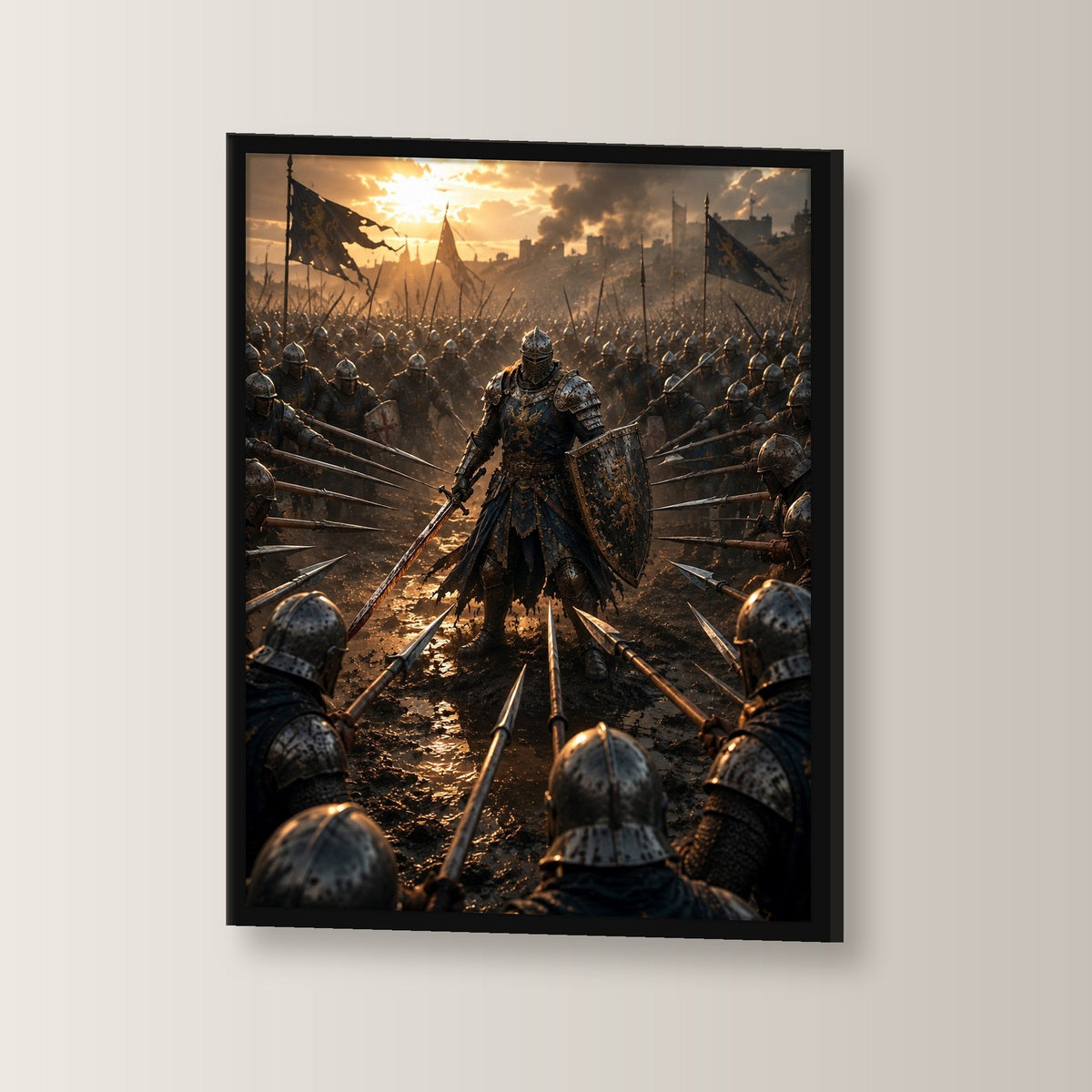 Dark-Fantasy Poster gerahmt im schwarzen Holzrahmen, leicht gedreht an der Wand fotografiert