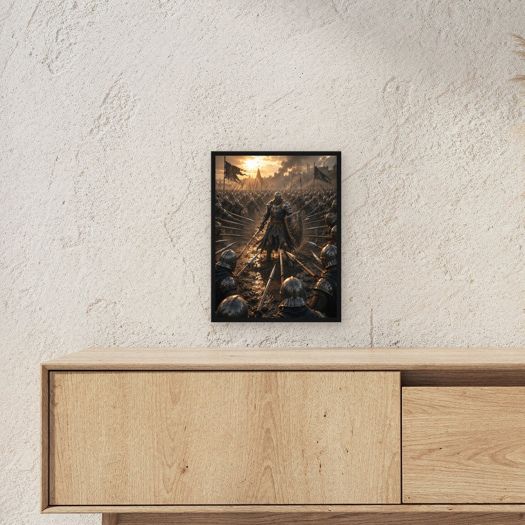Dark-Fantasy Poster gerahmt im schwarzen Holzrahmen ueber einem Sideboard, zeigt die Groesse im Raum