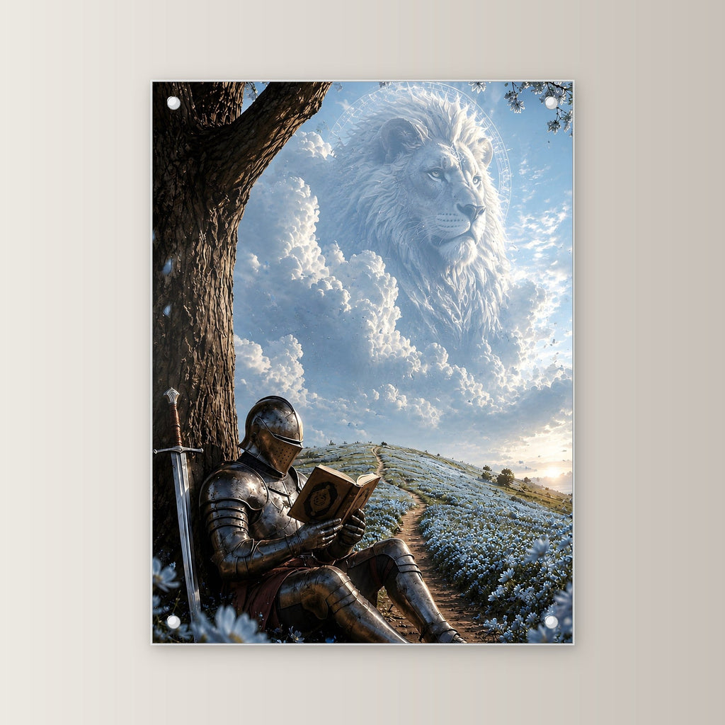Dark-Fantasy Acrylglasbild auf Acrylglas mit Edelstahl-Abstandshaltern, gerade von vorn an heller Wand