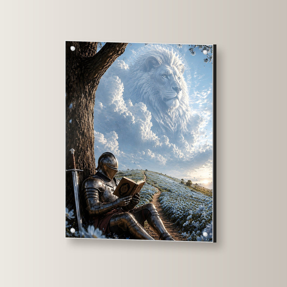 Dark-Fantasy Acrylglasbild auf Acrylglas mit Edelstahl-Abstandshaltern, leicht gedreht an der Wand fotografiert