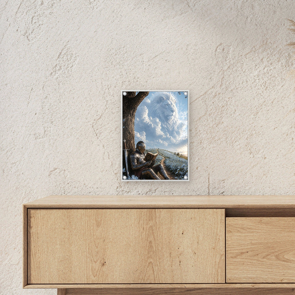 Dark-Fantasy Acrylglasbild auf Acrylglas mit Edelstahl-Abstandshaltern ueber einem Sideboard, zeigt die Groesse im Raum