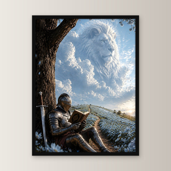 Der Löwe im Himmel – Dark-Fantasy-Wandbild, gerahmt