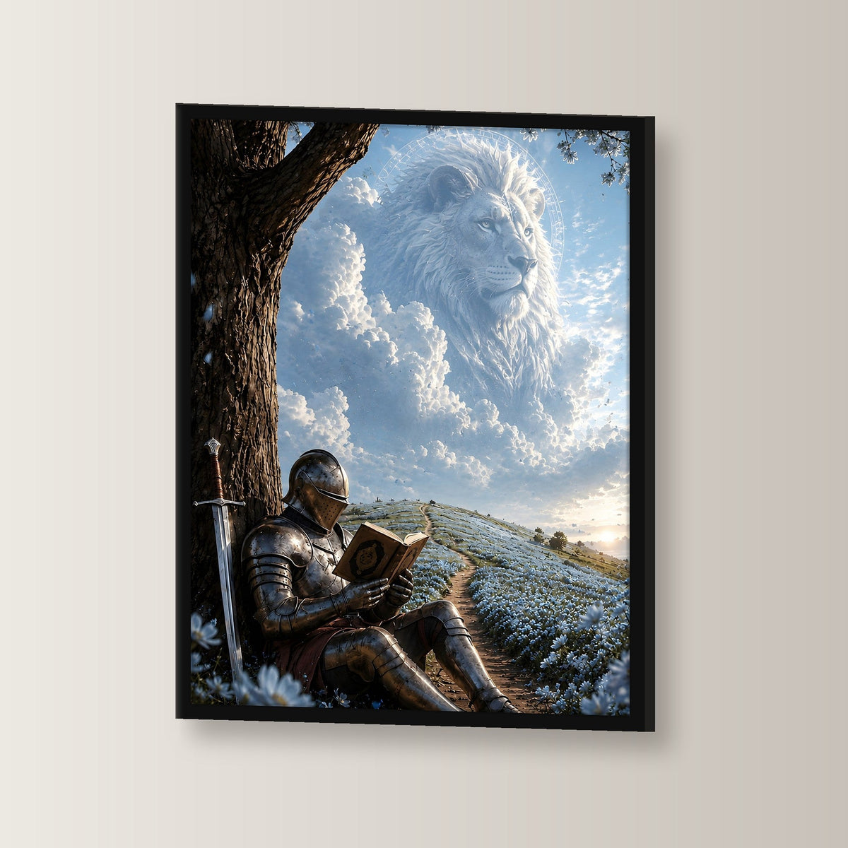 Dark-Fantasy Poster gerahmt im schwarzen Holzrahmen, leicht gedreht an der Wand fotografiert