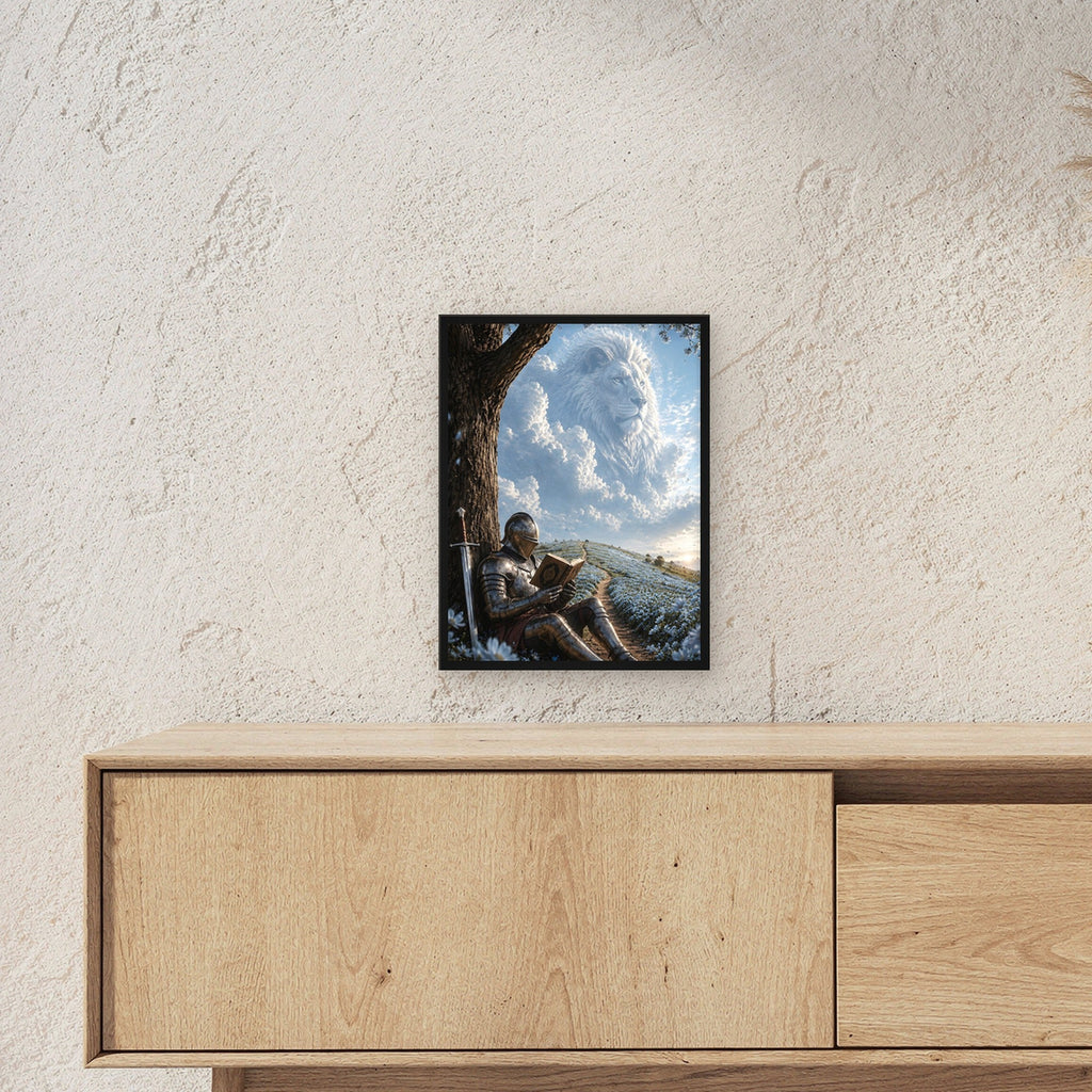 Dark-Fantasy Poster gerahmt im schwarzen Holzrahmen ueber einem Sideboard, zeigt die Groesse im Raum