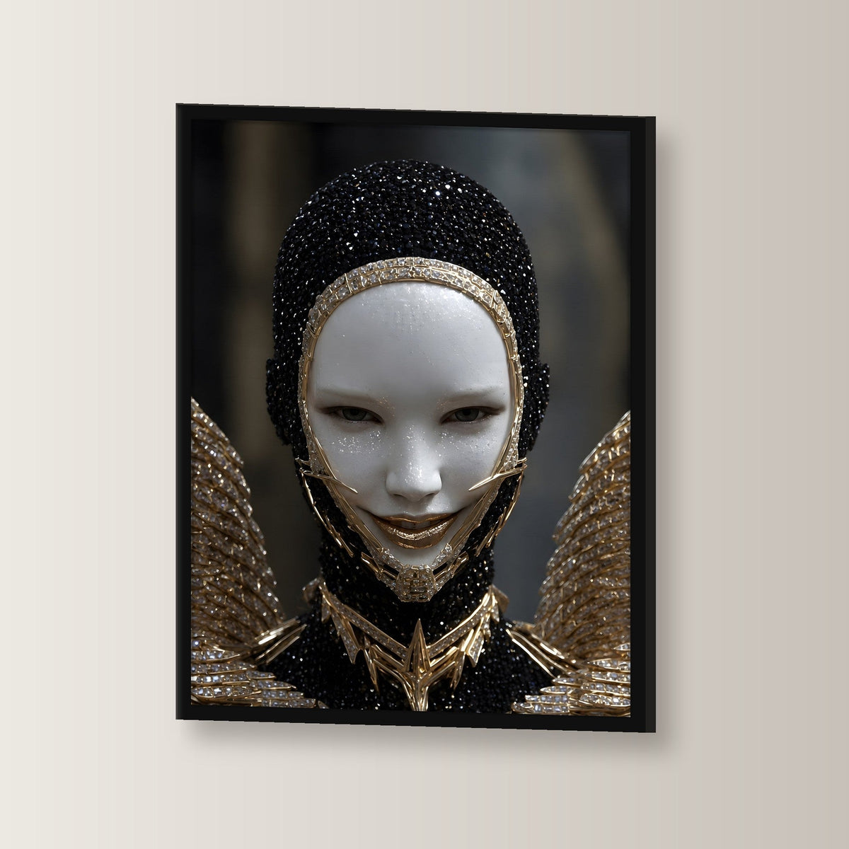 Fantasy Poster gerahmt im schwarzen Holzrahmen, leicht gedreht an der Wand fotografiert