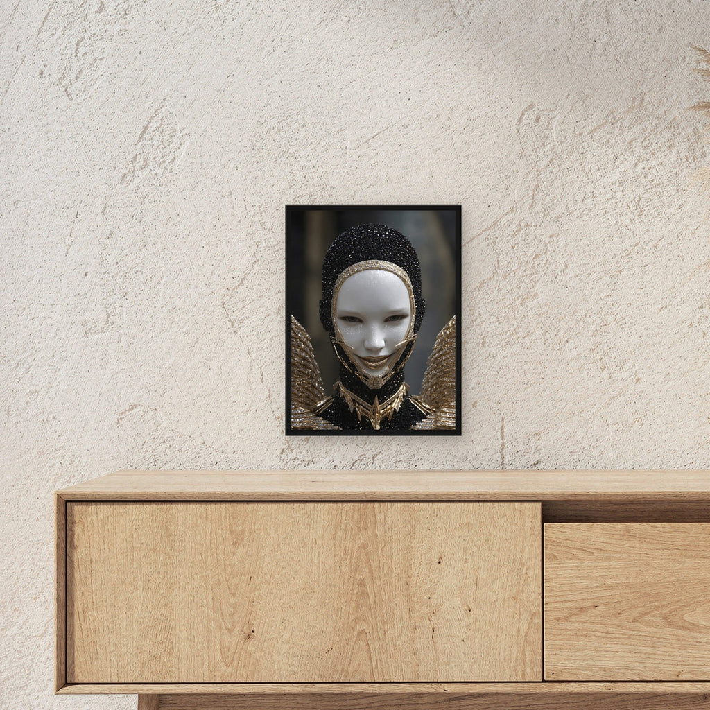 Fantasy Poster gerahmt im schwarzen Holzrahmen ueber einem Sideboard, zeigt die Groesse im Raum