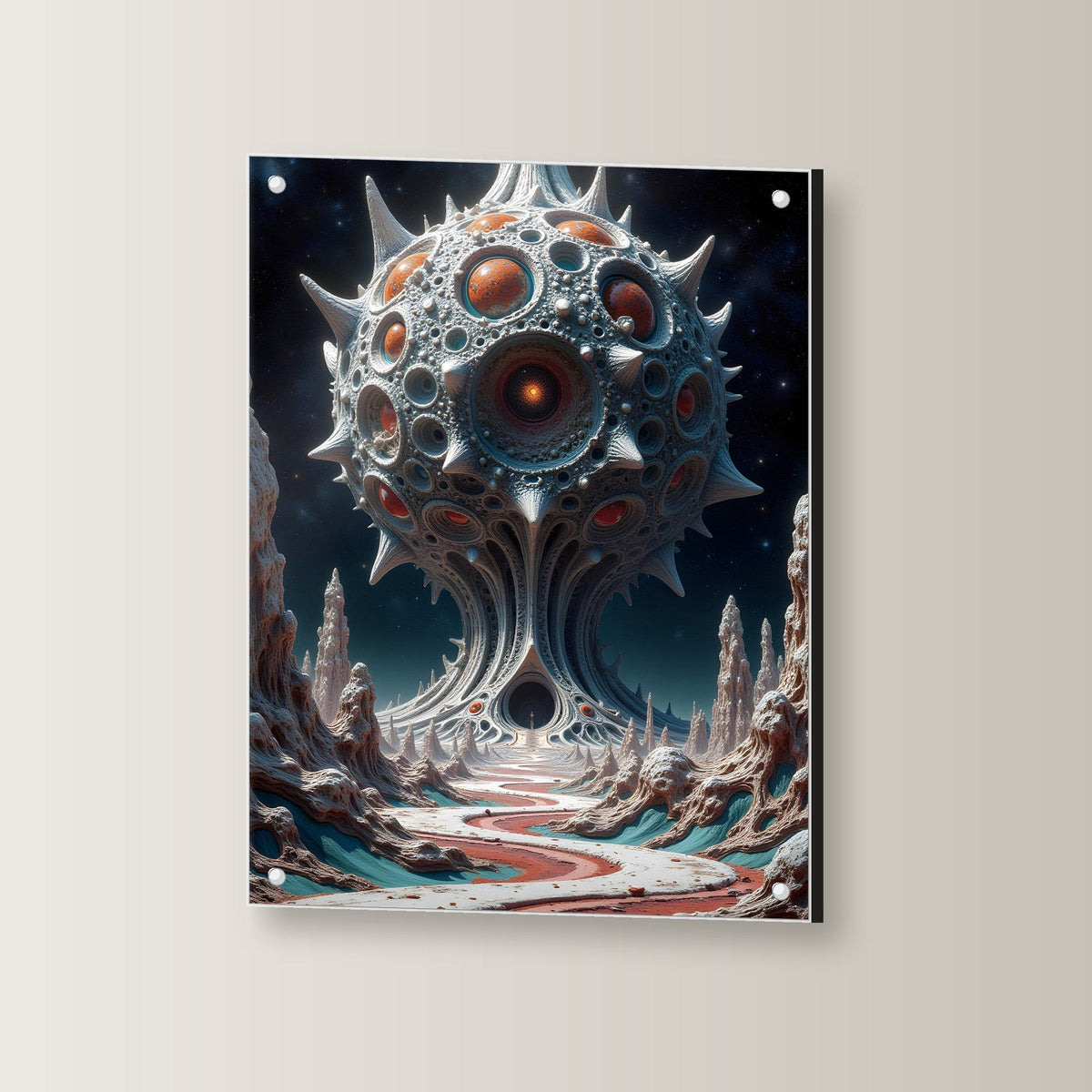 Augenkugel über einer fremden Landschaft, Surreales Acrylglasbild auf Acrylglas mit Edelstahl-Abstandshaltern, leicht gedreht an der Wand fotografiert