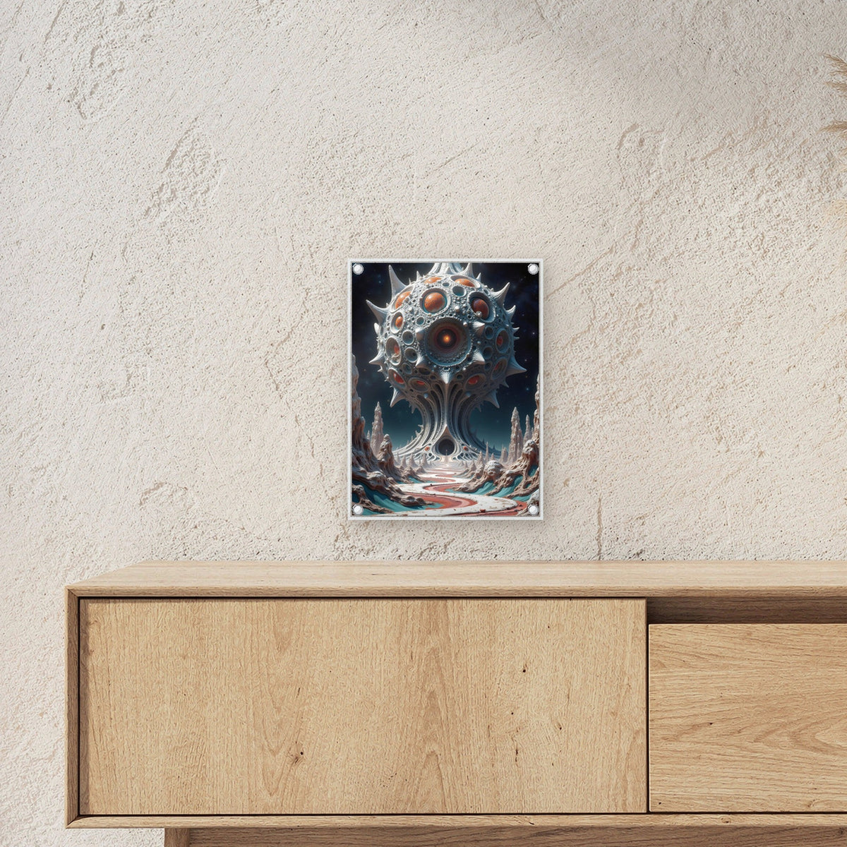 Augenkugel über einer fremden Landschaft, Surreales Acrylglasbild auf Acrylglas mit Edelstahl-Abstandshaltern ueber einem Sideboard, zeigt die Groesse im Raum