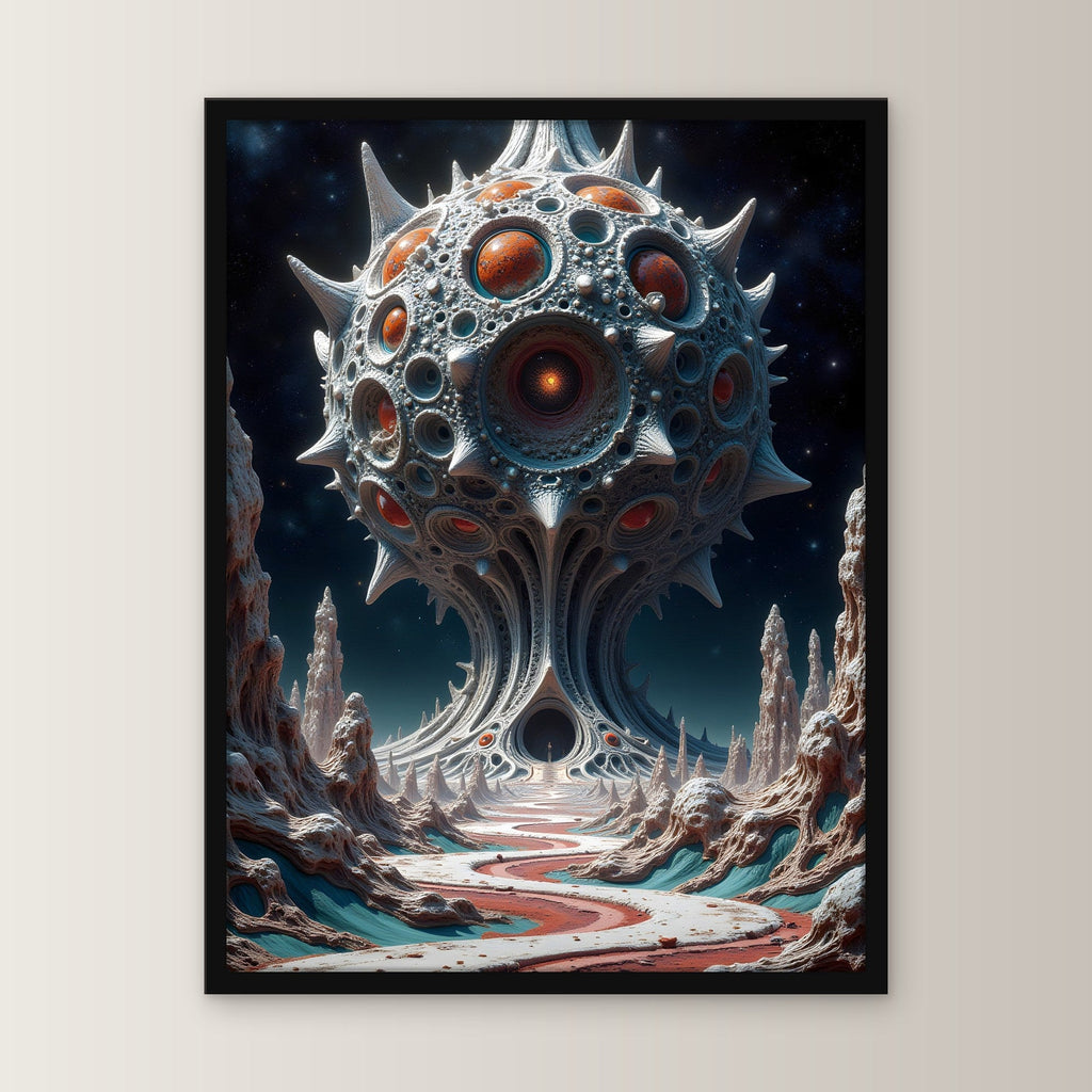 Augenkugel über einer fremden Landschaft, Surreales Wandbild gerahmt im schwarzen Holzrahmen, gerade von vorn an heller Wand