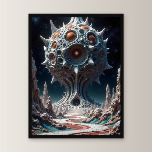 Augenkugel über einer fremden Landschaft, Surreales Wandbild gerahmt im schwarzen Holzrahmen, gerade von vorn an heller Wand