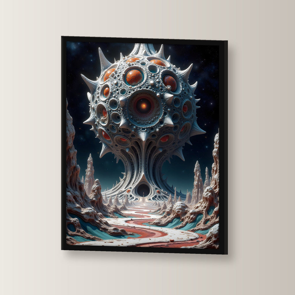 Augenkugel über einer fremden Landschaft, Surreales Wandbild gerahmt im schwarzen Holzrahmen, leicht gedreht an der Wand fotografiert