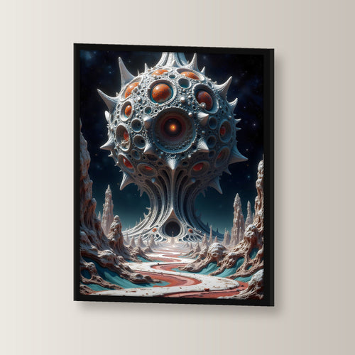 Augenkugel über einer fremden Landschaft, Surreales Wandbild gerahmt im schwarzen Holzrahmen, leicht gedreht an der Wand fotografiert