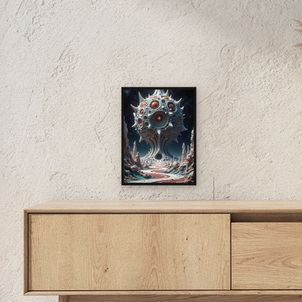 Augenkugel über einer fremden Landschaft, Surreales Wandbild gerahmt im schwarzen Holzrahmen ueber einem Sideboard, zeigt die Groesse im Raum