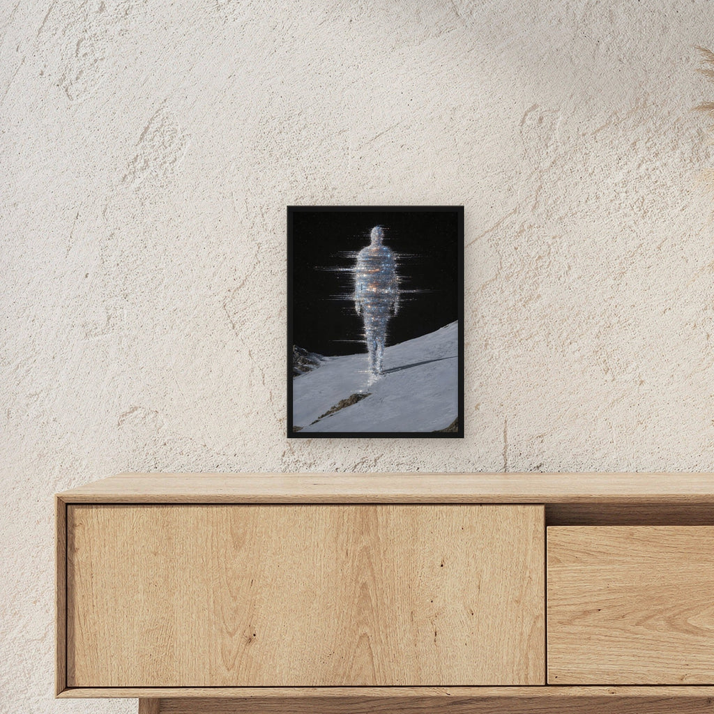 Dark-Portrait, Fantasy Poster gerahmt im schwarzen Holzrahmen ueber einem Sideboard, zeigt die Groesse im Raum