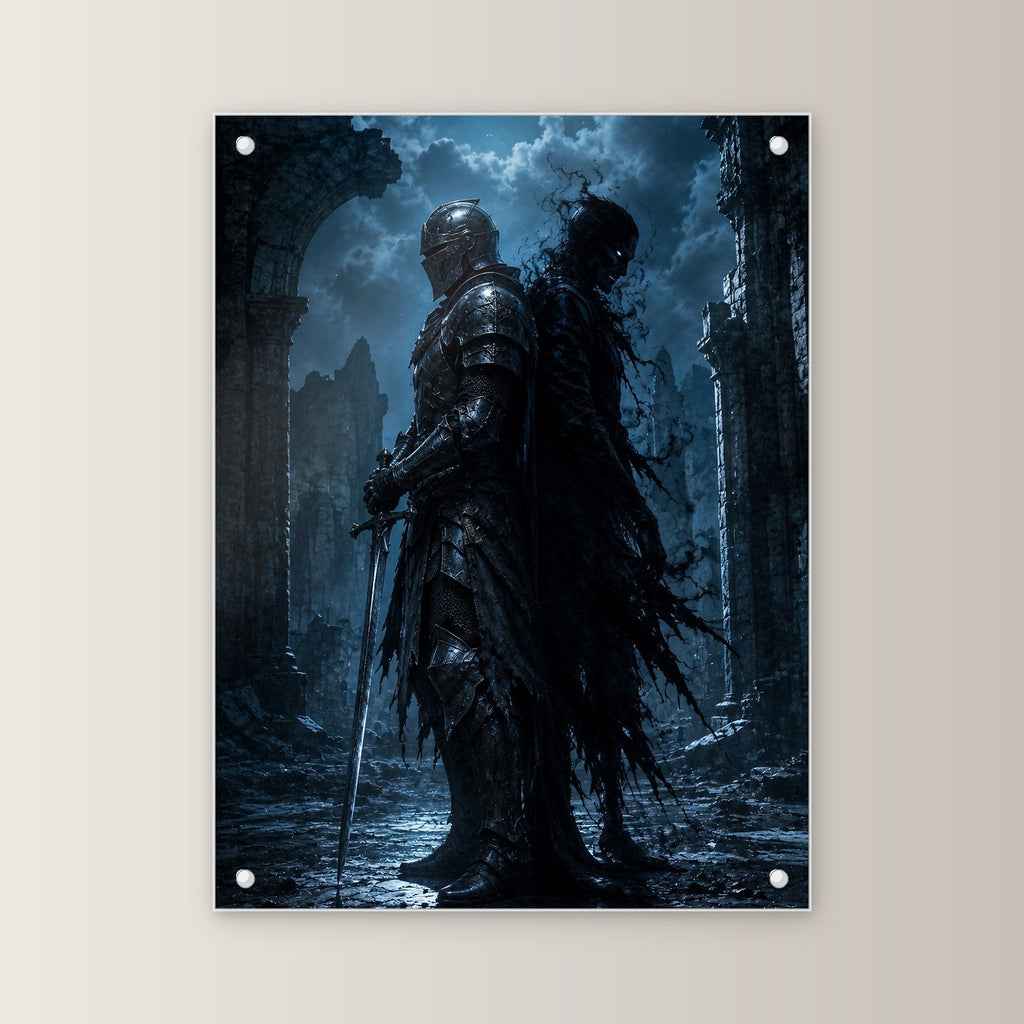 Dark-Fantasy Acrylglasbild auf Acrylglas mit Edelstahl-Abstandshaltern, gerade von vorn an heller Wand