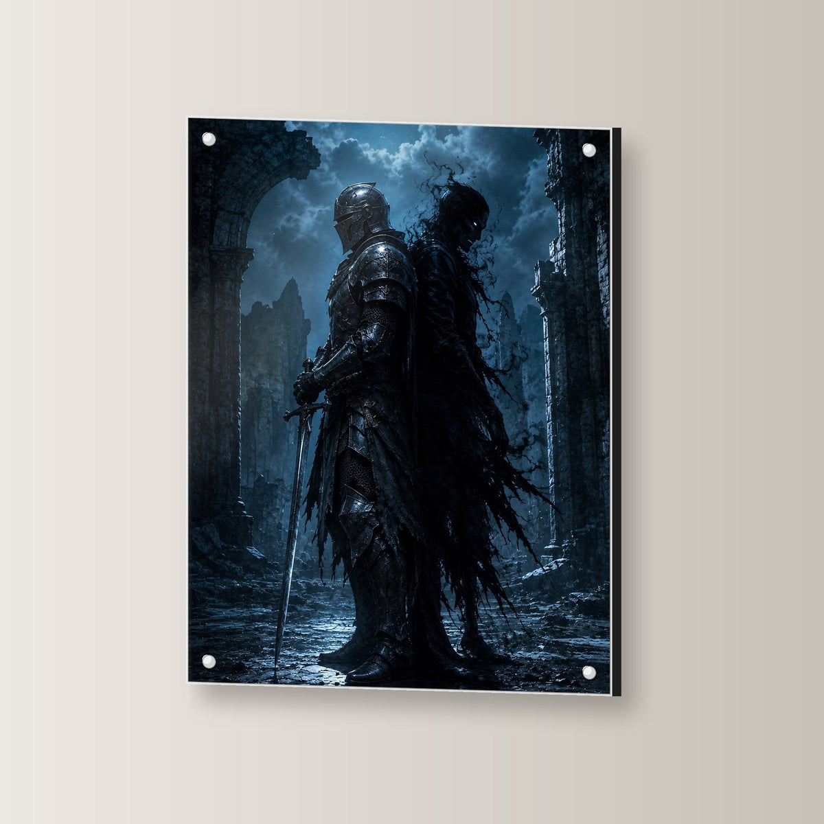 Dark-Fantasy Acrylglasbild auf Acrylglas mit Edelstahl-Abstandshaltern, leicht gedreht an der Wand fotografiert