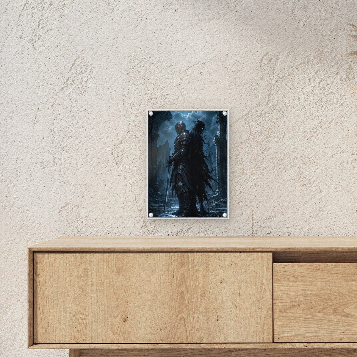 Dark-Fantasy Acrylglasbild auf Acrylglas mit Edelstahl-Abstandshaltern ueber einem Sideboard, zeigt die Groesse im Raum