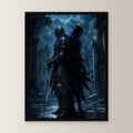 Dark-Fantasy Poster gerahmt im schwarzen Holzrahmen, gerade von vorn an heller Wand