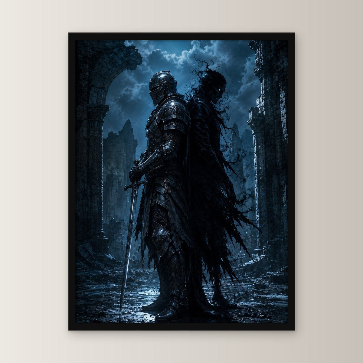 Dark-Fantasy Poster gerahmt im schwarzen Holzrahmen, gerade von vorn an heller Wand