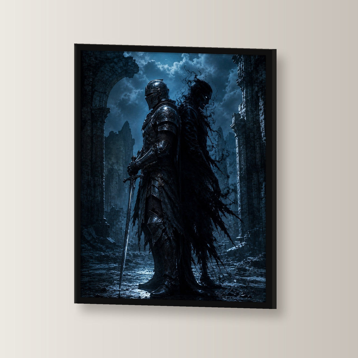 Dark-Fantasy Poster gerahmt im schwarzen Holzrahmen, leicht gedreht an der Wand fotografiert