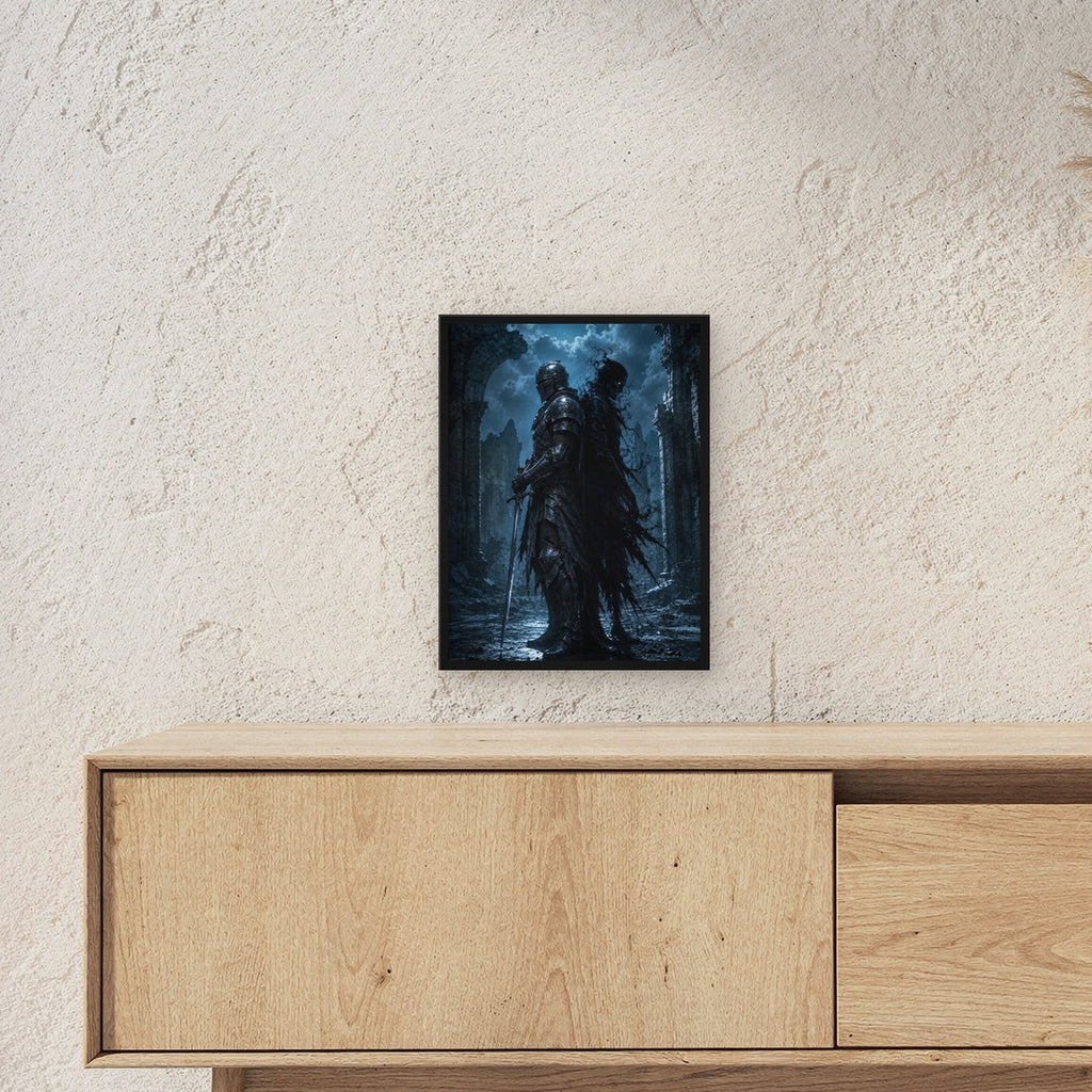 Dark-Fantasy Poster gerahmt im schwarzen Holzrahmen ueber einem Sideboard, zeigt die Groesse im Raum
