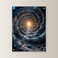 Tunnel aus Fels ins Sonnenlicht, Surreales Acrylglasbild auf Acrylglas mit Edelstahl-Abstandshaltern, gerade von vorn an heller Wand