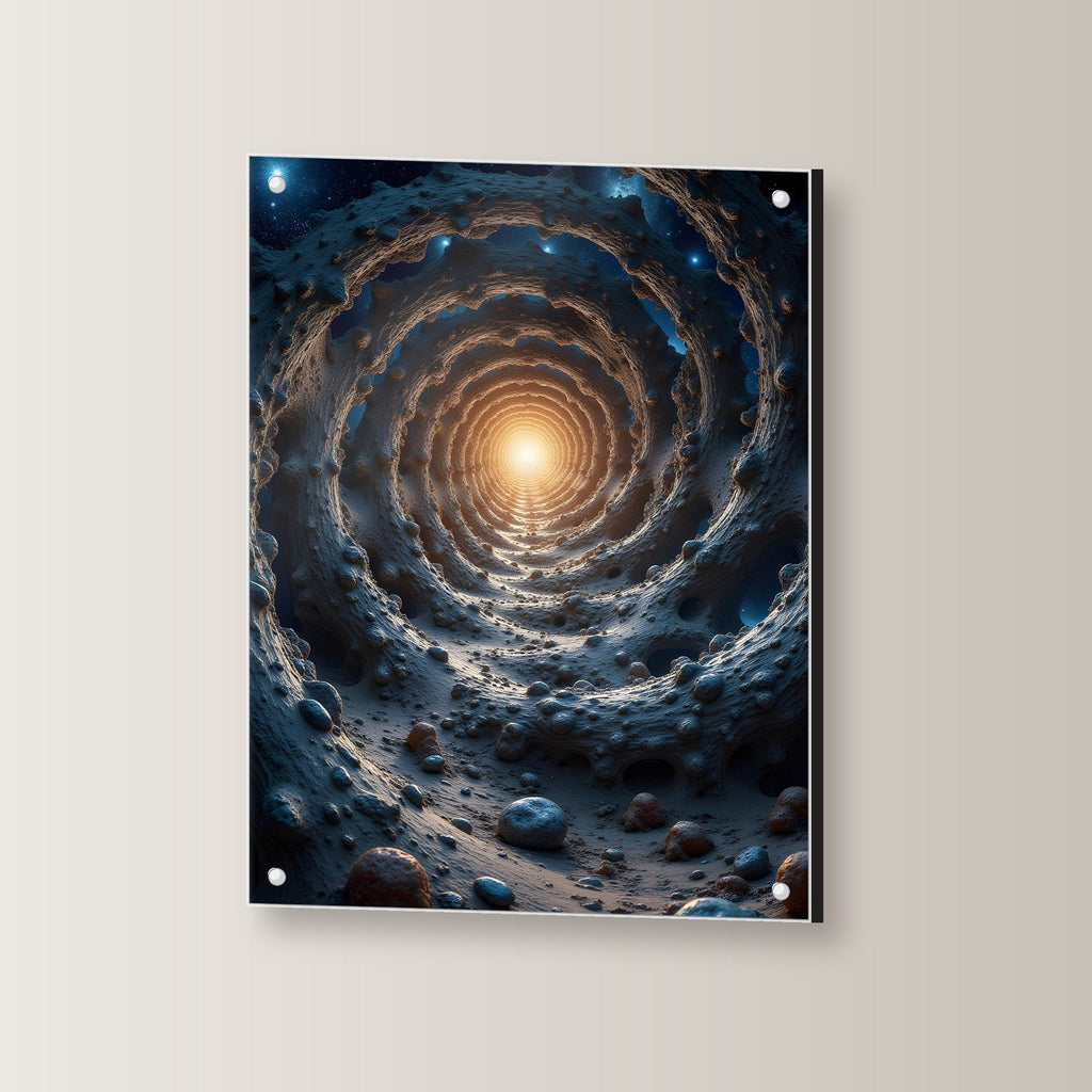 Tunnel aus Fels ins Sonnenlicht, Surreales Acrylglasbild auf Acrylglas mit Edelstahl-Abstandshaltern, leicht gedreht an der Wand fotografiert