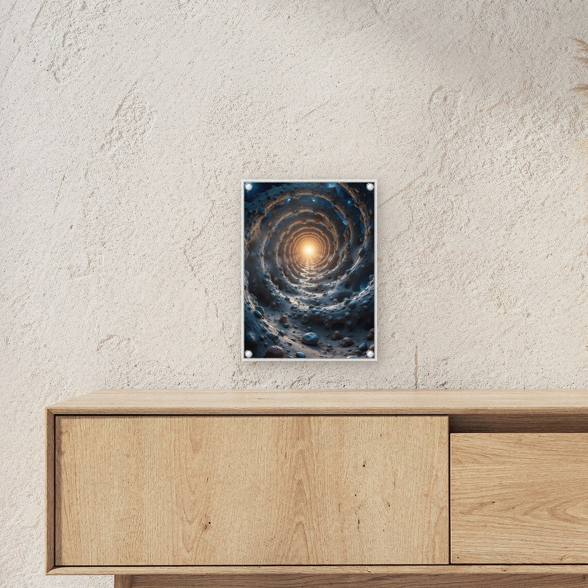 Tunnel aus Fels ins Sonnenlicht, Surreales Acrylglasbild auf Acrylglas mit Edelstahl-Abstandshaltern ueber einem Sideboard, zeigt die Groesse im Raum