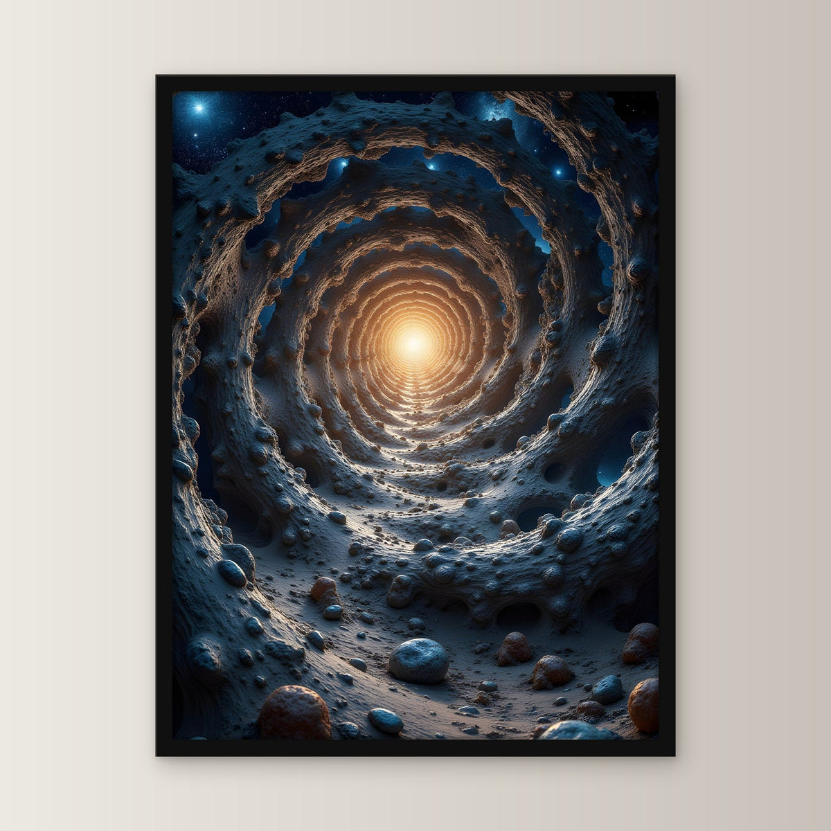 Tunnel aus Fels ins Sonnenlicht, Surreales Wandbild gerahmt im schwarzen Holzrahmen, gerade von vorn an heller Wand