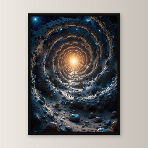 Tunnel aus Fels ins Sonnenlicht, Surreales Wandbild gerahmt im schwarzen Holzrahmen, gerade von vorn an heller Wand
