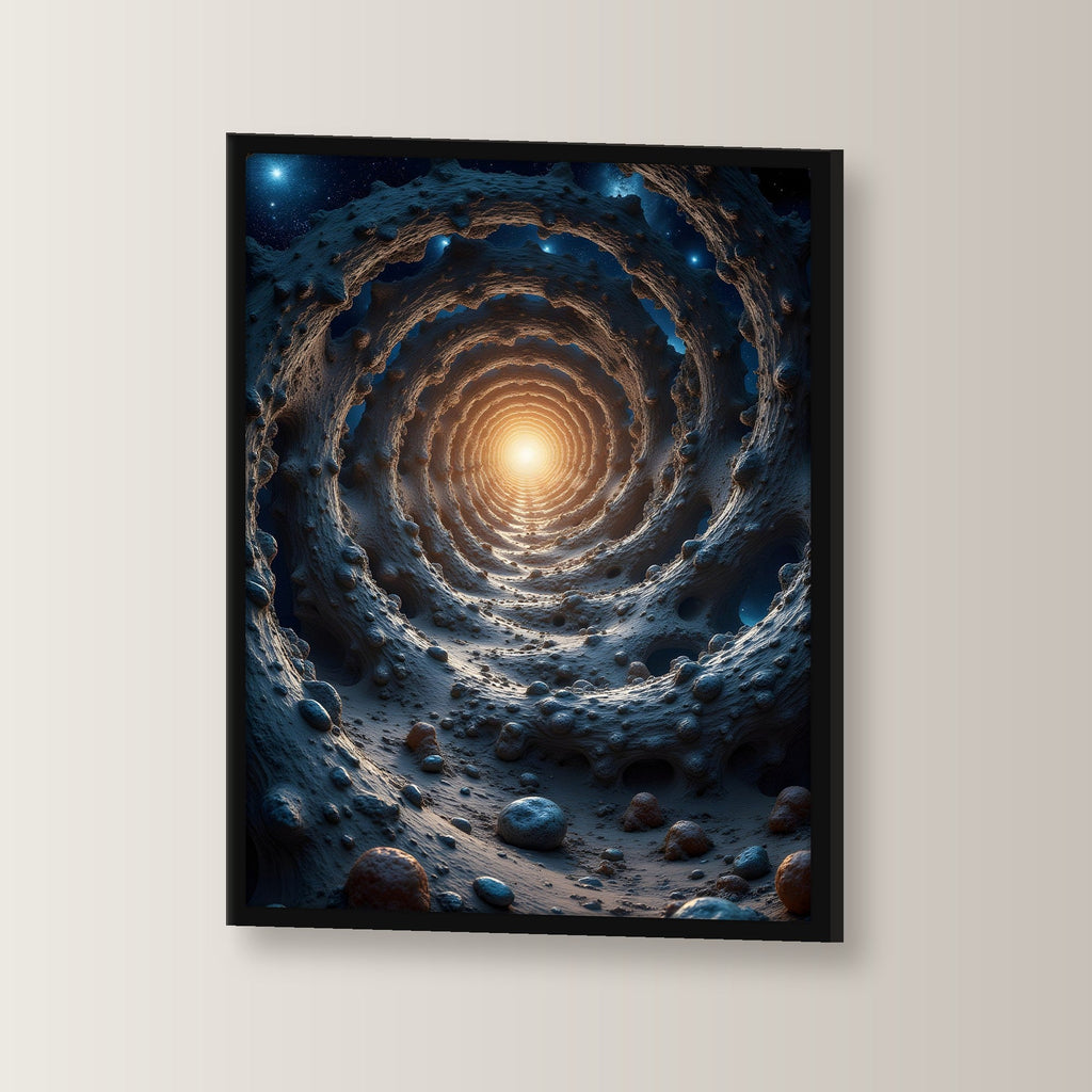 Tunnel aus Fels ins Sonnenlicht, Surreales Wandbild gerahmt im schwarzen Holzrahmen, leicht gedreht an der Wand fotografiert