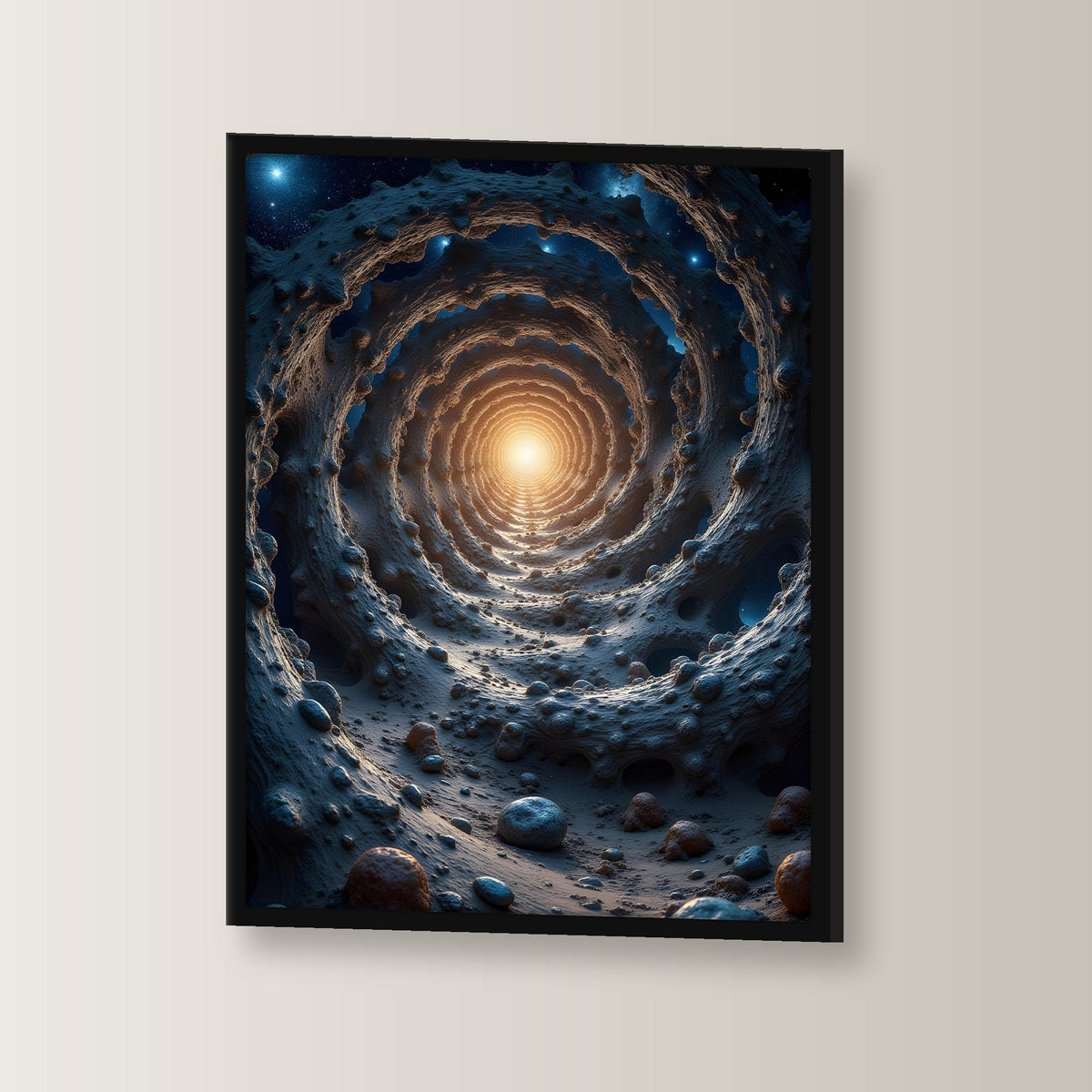 Tunnel aus Fels ins Sonnenlicht, Surreales Wandbild gerahmt im schwarzen Holzrahmen, leicht gedreht an der Wand fotografiert
