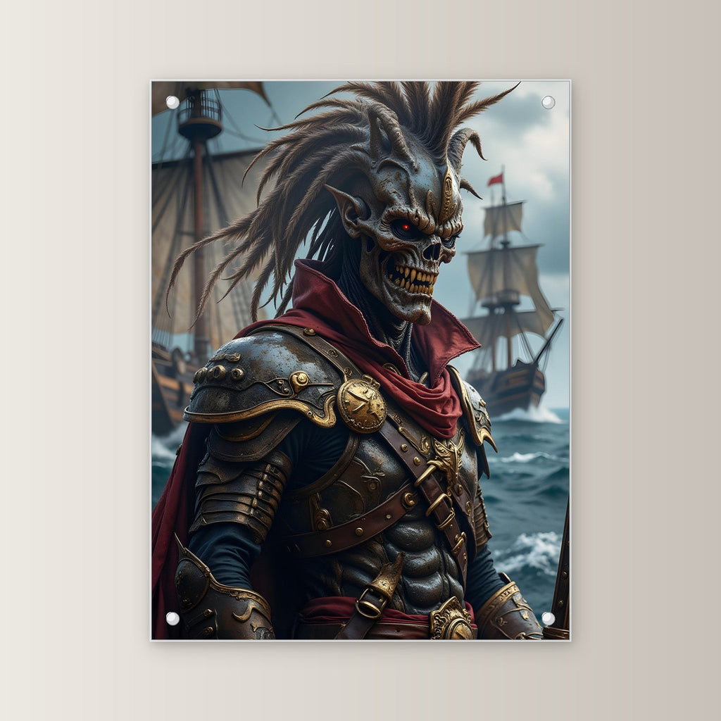 Untoter Kapitän in goldener Rüstung vor der Flotte, Dark Fantasy Acrylglasbild auf Acrylglas mit Edelstahl-Abstandshaltern, gerade von vorn an heller Wand