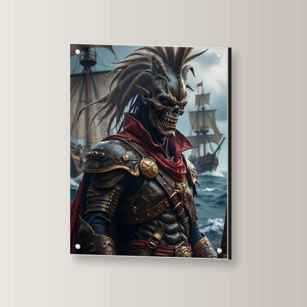 Untoter Kapitän in goldener Rüstung vor der Flotte, Dark Fantasy Acrylglasbild auf Acrylglas mit Edelstahl-Abstandshaltern, leicht gedreht an der Wand fotografiert
