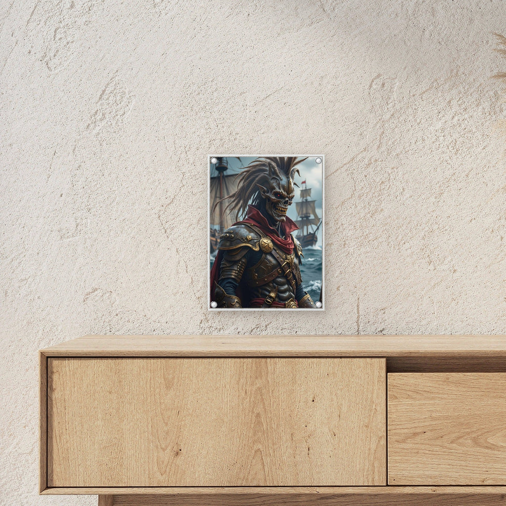 Untoter Kapitän in goldener Rüstung vor der Flotte, Dark Fantasy Acrylglasbild auf Acrylglas mit Edelstahl-Abstandshaltern ueber einem Sideboard, zeigt die Groesse im Raum