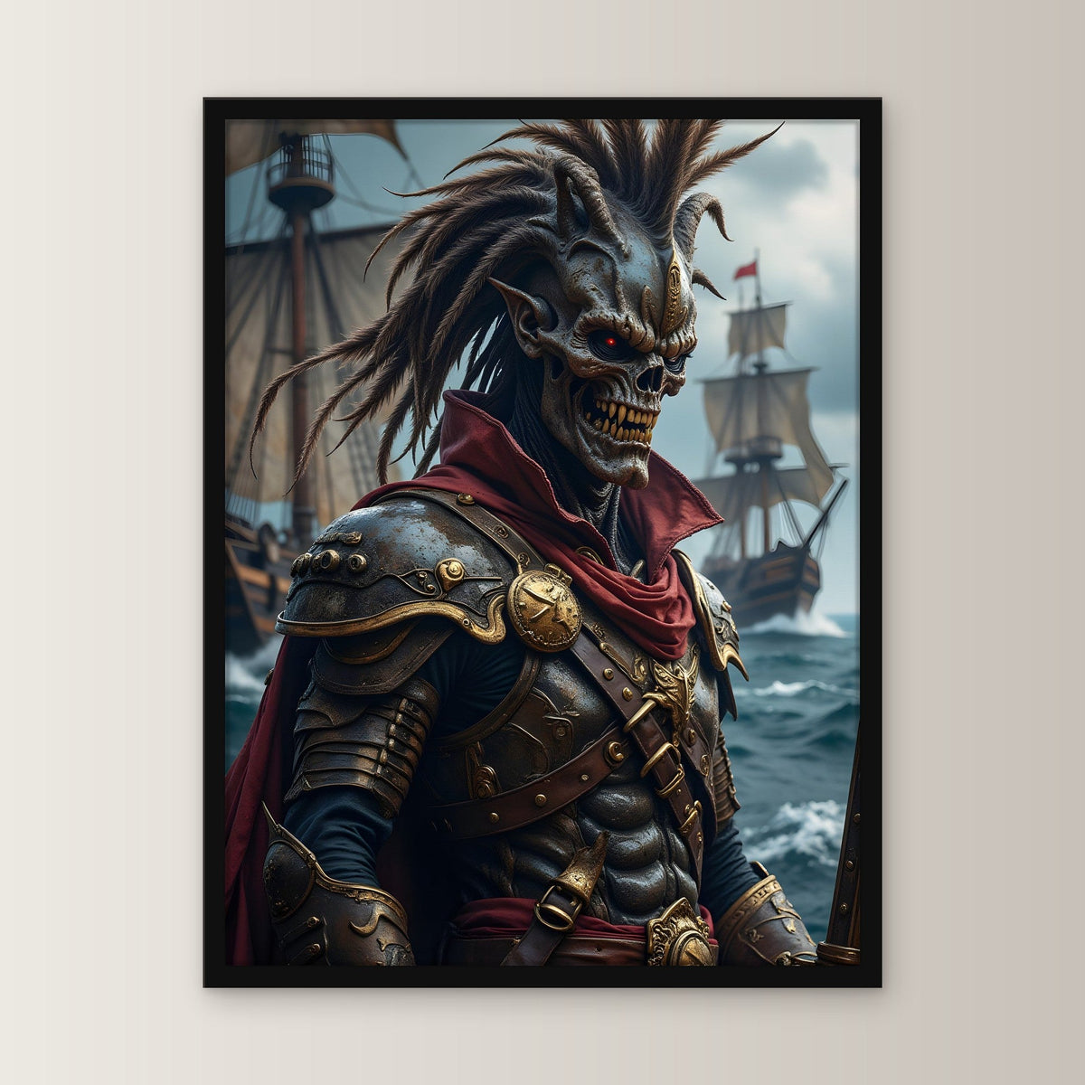 Untoter Kapitän in goldener Rüstung vor der Flotte, Fantasy Wandbild gerahmt im schwarzen Holzrahmen, gerade von vorn an heller Wand